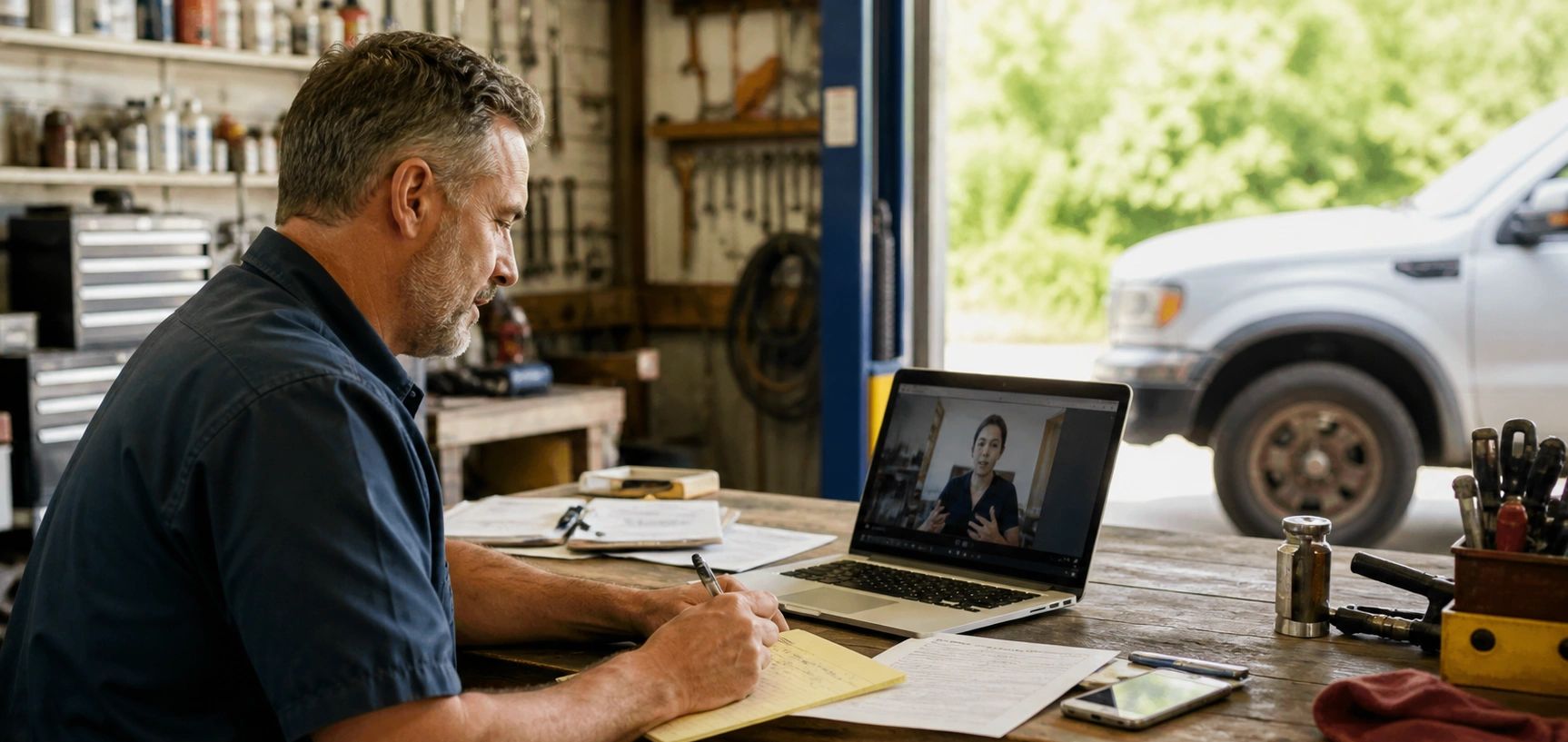 Service business owner reviewing workflow notes during a remote operations consultation