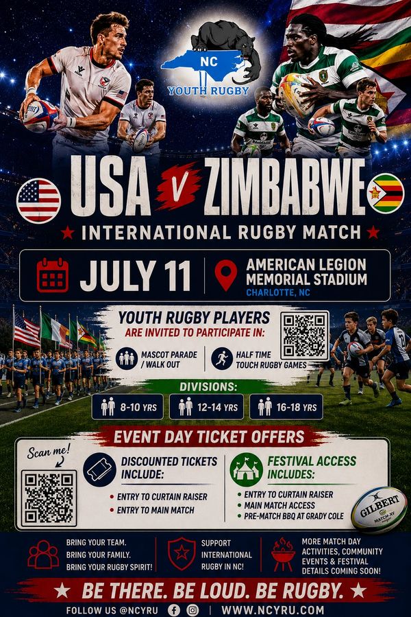 USA vs Zimbabwe international youth rugby match on July 11 in Charlotte, NC.