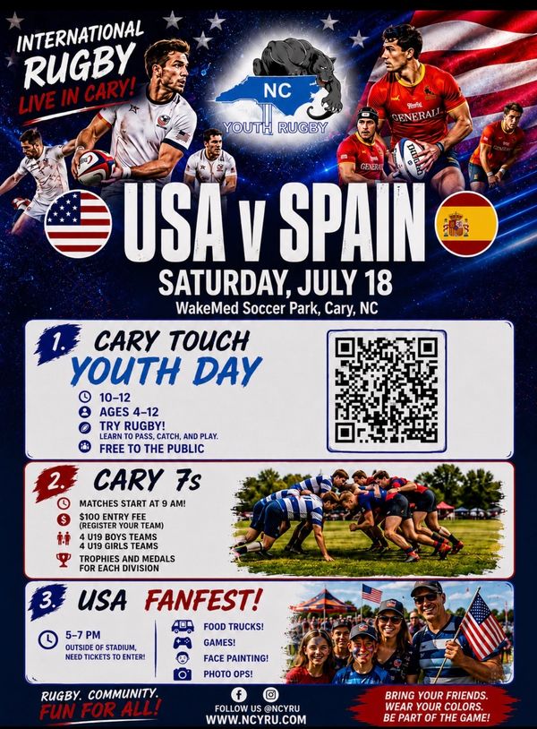 International rugby match USA vs Spain in Cary, NC on July 18 with youth events and fan fest.