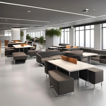 Open office lounge interior with ergonomic seating and commercial interior design by Aays Solutions.