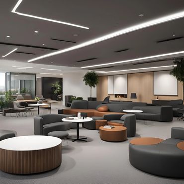 Modern office lounge interior with premium seating and ambient lighting design by Aays Solutions.
