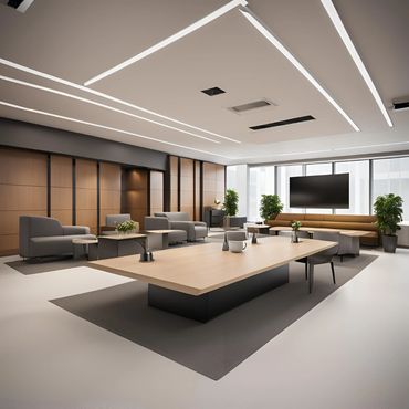 Contemporary office collaboration space with modular furniture and LED ceiling by Aays Solutions.