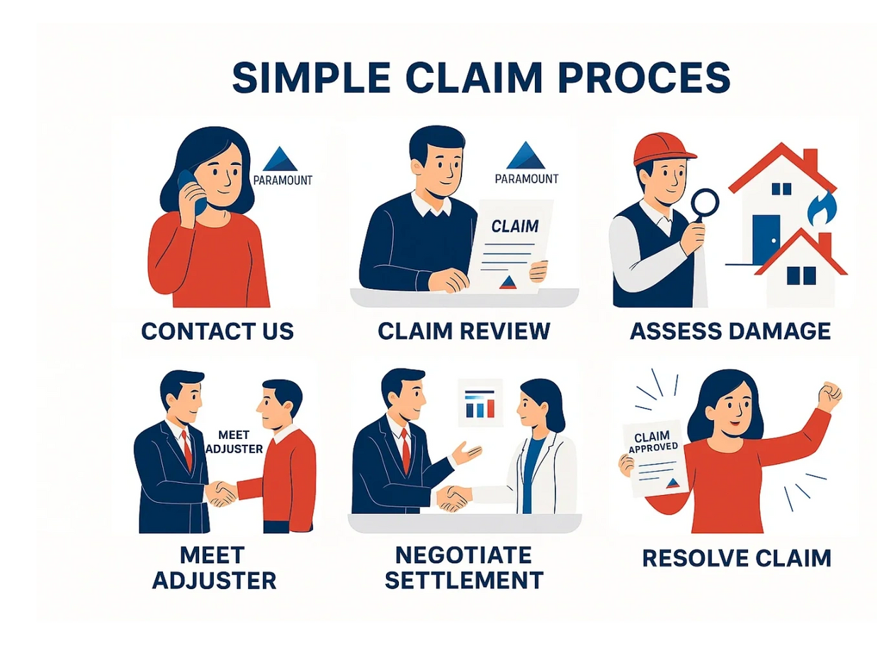 Illustrated steps of a simple insurance claim process from contact to resolution.
