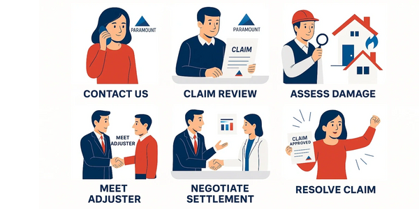 Illustrated steps of a simple insurance claim process from contact to resolution.
