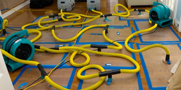 Drying equipment with yellow hoses set up on wooden floor indoors.