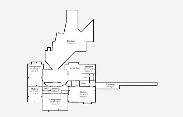 Floor plan showing rooms, hallways, and staircase with dimensions and square footage.