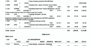 Construction and cleaning service cost breakdown for general and main level tasks.