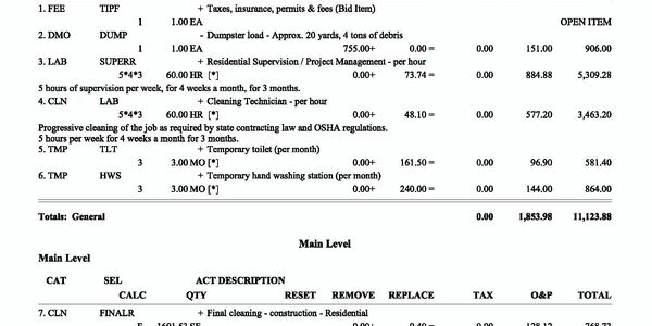 Detailed cost breakdown for general and main level cleaning and supervision services.