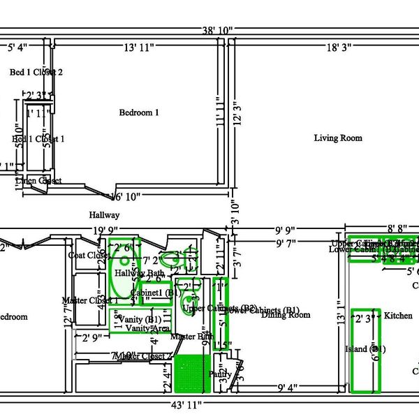Floor plan of a house showing bedrooms, living room, kitchen, and bathrooms with measurements.