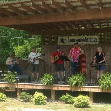 A group of 5 individuals playing various bluegrass instruments together on a stage.