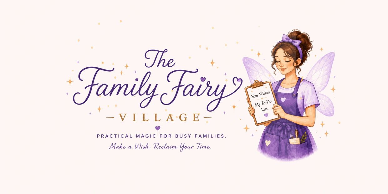 Illustration of a fairy holding a to-do list with text about Family Fairy Village.