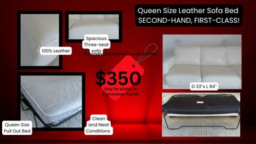 100% Leather 3-Seat Sofa Bed – Queen Size Pull-Out