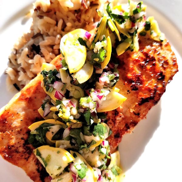 mahi mahi with vegetable relish prepared and served by good day catering, inc