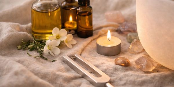A calming scene with essential oils, a lit candle, flowers, and a tuning fork.