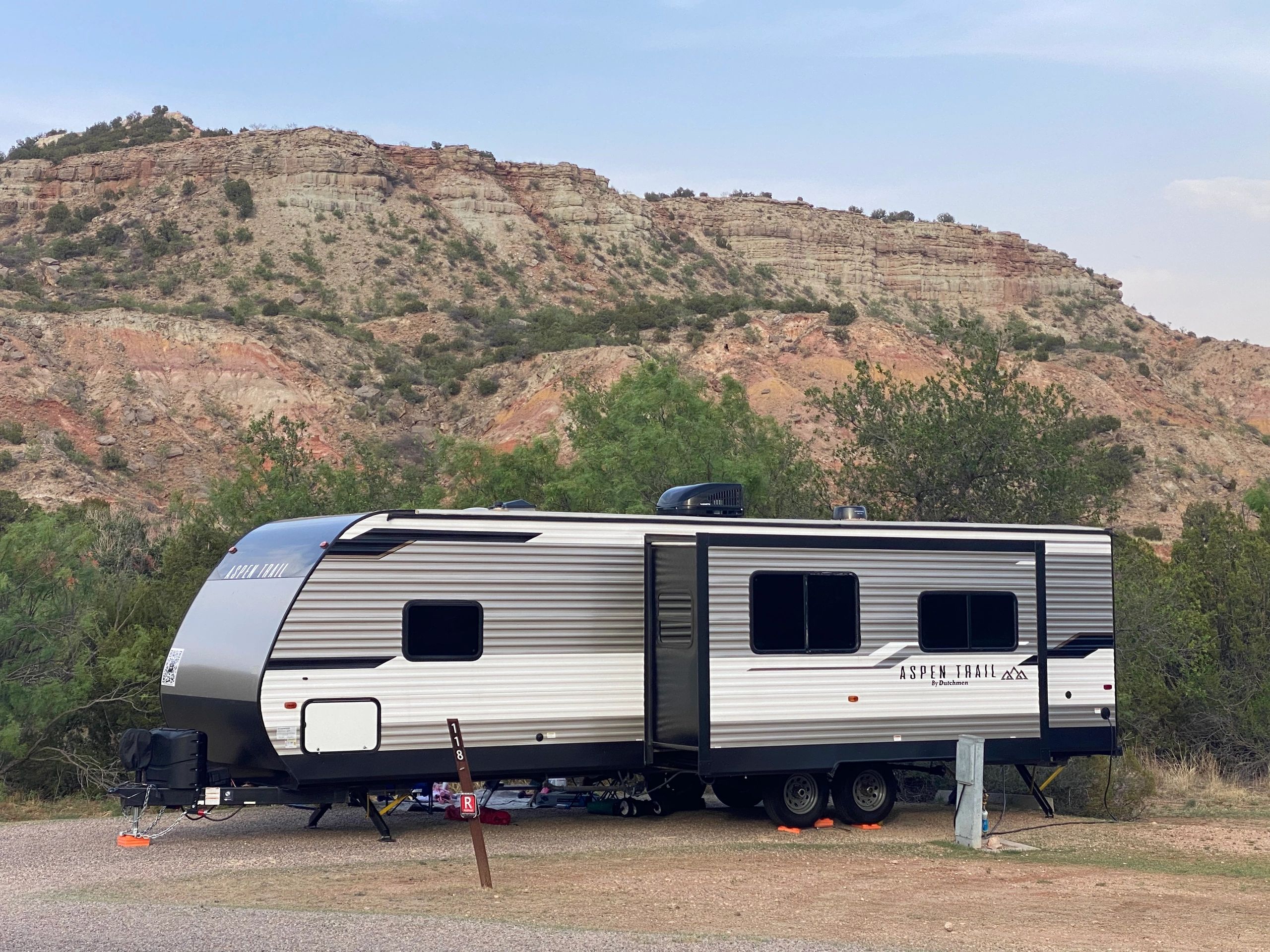 Rolling Duchess Travel trailer setup at Palo Duro Canyon