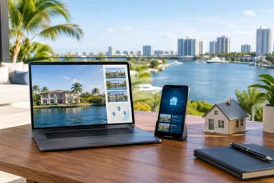 Laptop and phone displaying real estate listings by a waterfront.