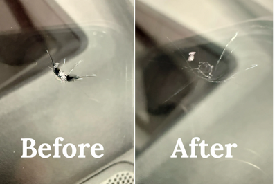 Windshield repair before and windshield repair after.
