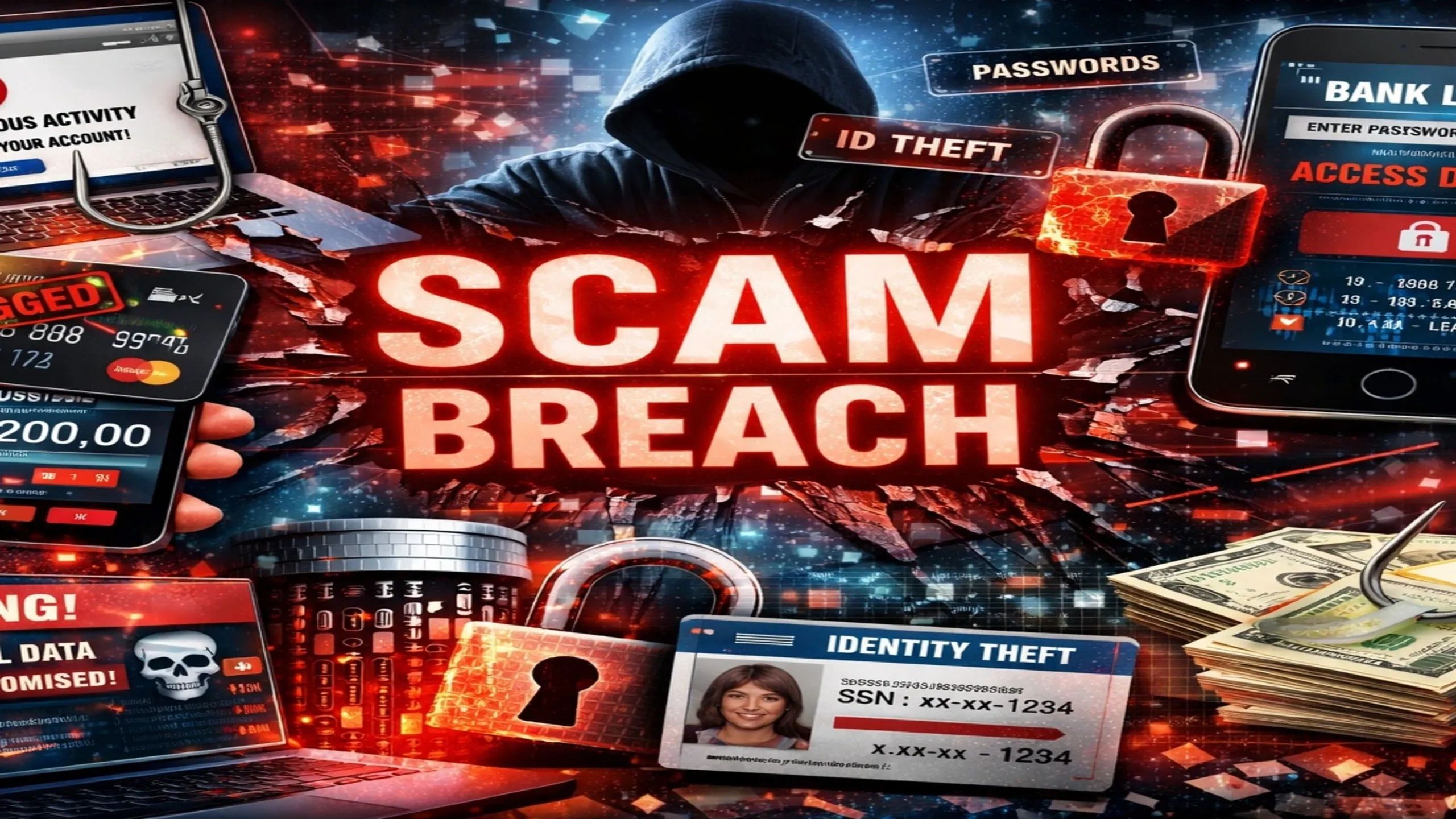 Visual representation of a scam breach involving identity theft and hacking.