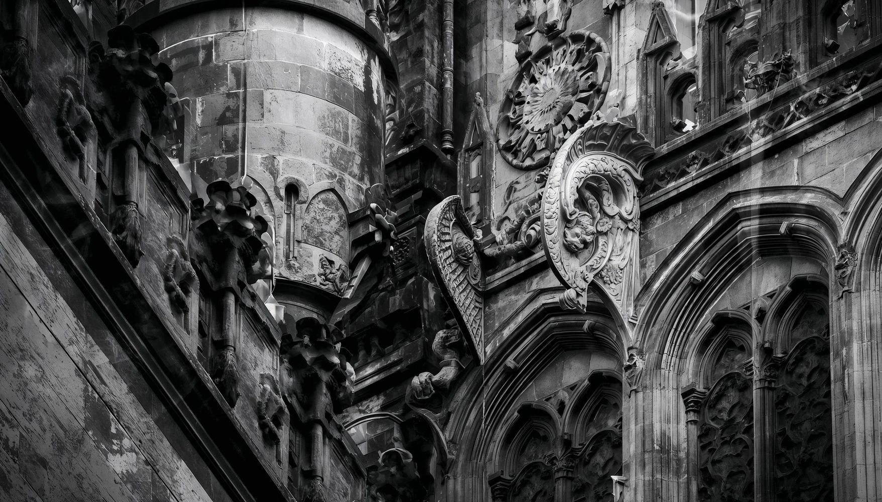 Close-up of Gothic architectural details on a historic building.