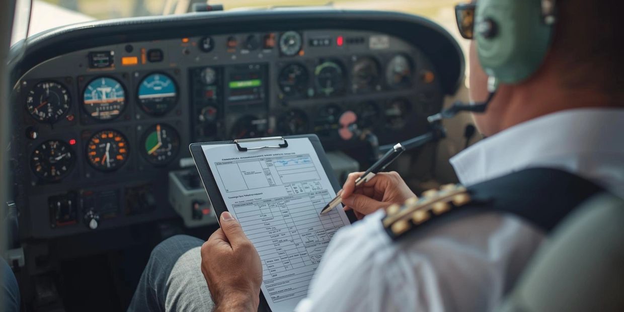 Pilot reviewing flight checklist inside cockpit with controls and instruments visible.