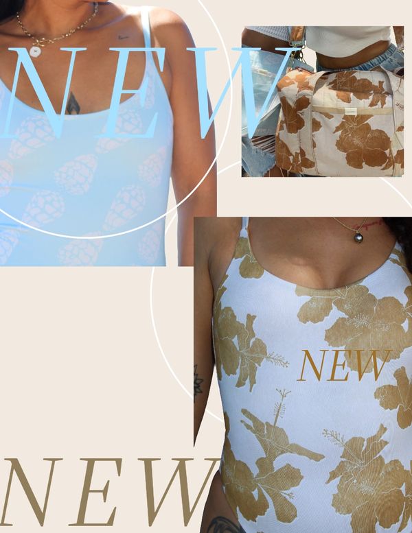 Fashion collage featuring floral swimsuits and a matching bag, labeled "NEW".