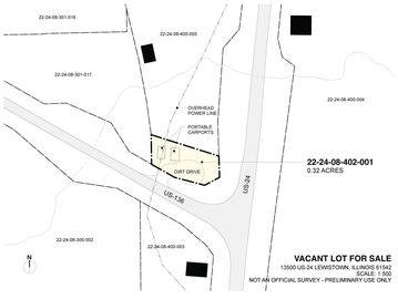 Map showing a vacant lot for sale at the corner of US 136 and US 24.