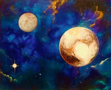 Original acrylic "Beyond the Heart" 16x20", stretched canvas. Pluto, Earth, Moon & Sun.