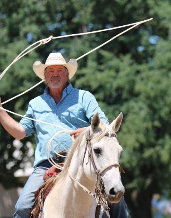 A cowboy on a white horse swings a lasso outdoors.