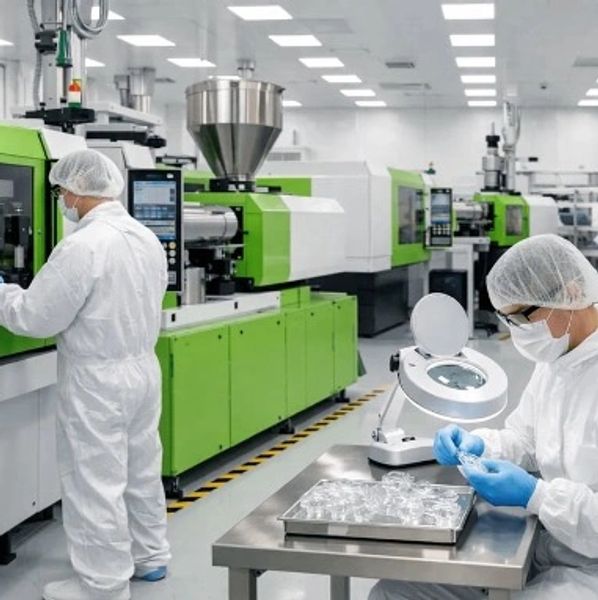 Technicians in protective gear working in a clean manufacturing environment.