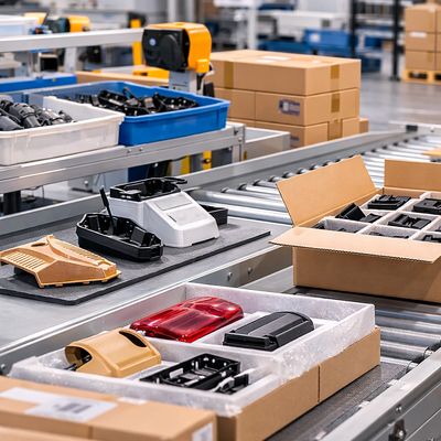 Conveyor belts with packaged and unpackaged industrial parts in a warehouse.