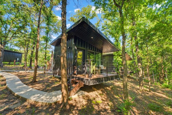 Modern black cabin in a green forest with a curved concrete path.