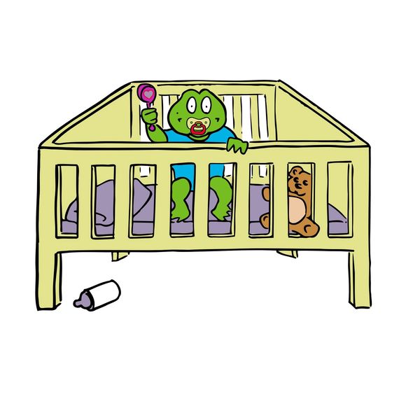 Cute baby frog with pacifier in crib holding a rattle.