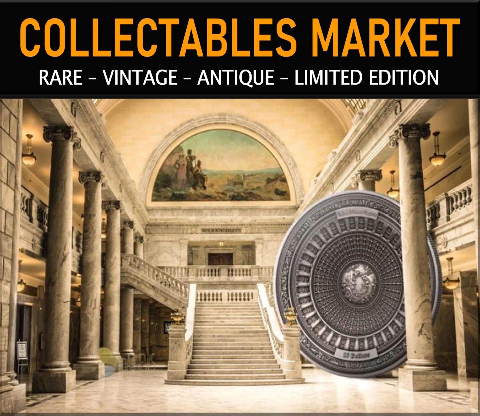 Grand marble hall with stairs and a large collectible coin display.