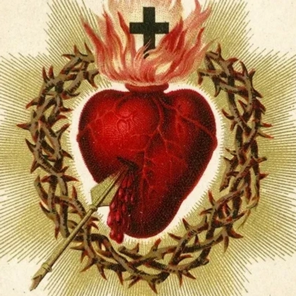 Vintage Sacred Heart of Jesus Catholic Art with thorns, cross, and flames.
