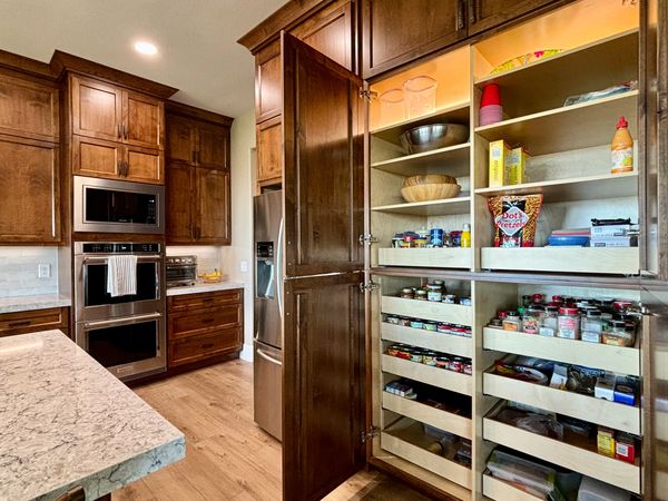 Custom pantry with roll out drawers and lighting