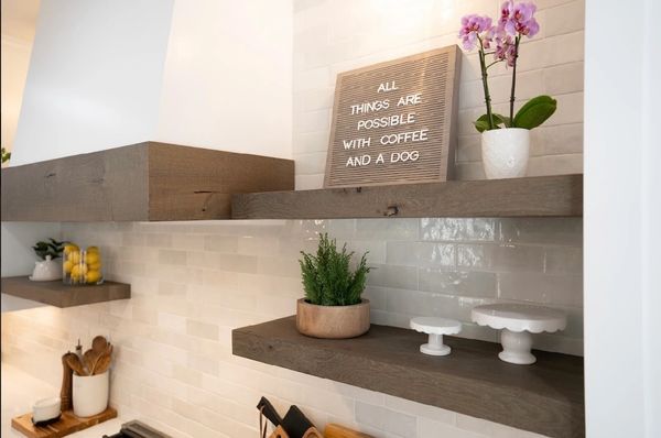 Custom kitchen hood vent and wood shelves