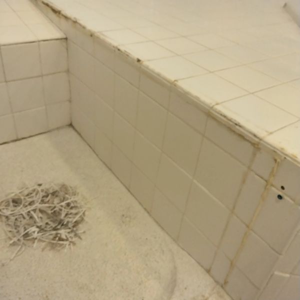 BATHROOM SHOWER CAULK REMOVED BEFORE RE CAULKING AND GROUTDYING DEEP CLEAN OF GROUT AND TILE AND GRO