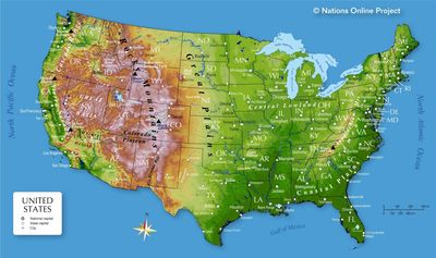 Topographic map of the United States showing mountain ranges and major cities.