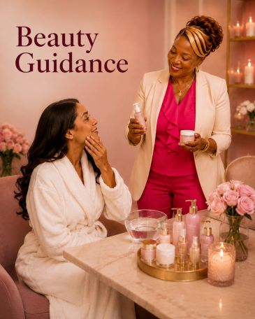 Beauty expert giving skincare advice to a woman.