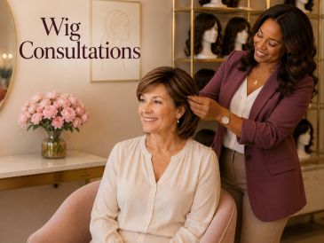 Woman assisting another with wig fitting during consultation.