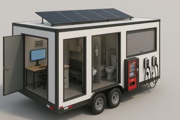 A modern mobile workspace trailer with solar panels, office, restroom, vending machine, and charging stations.