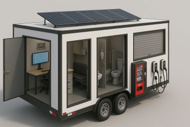 A modern mobile workspace trailer with solar panels, office, restroom, vending machine, and charging stations.