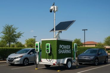 Mobile solar-powered electric vehicle charging station in a parking lot.