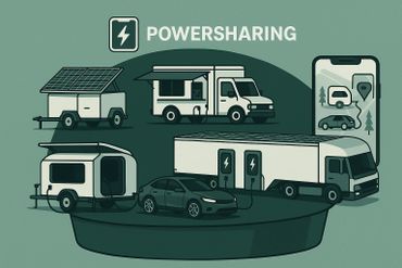Illustration of electric vehicle power sharing with solar panels and charging connections.