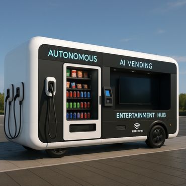 Autonomous AI vending entertainment hub with snacks and charging ports.