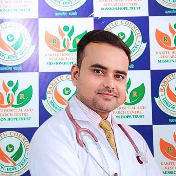 A confident male doctor in a white coat with a stethoscope.