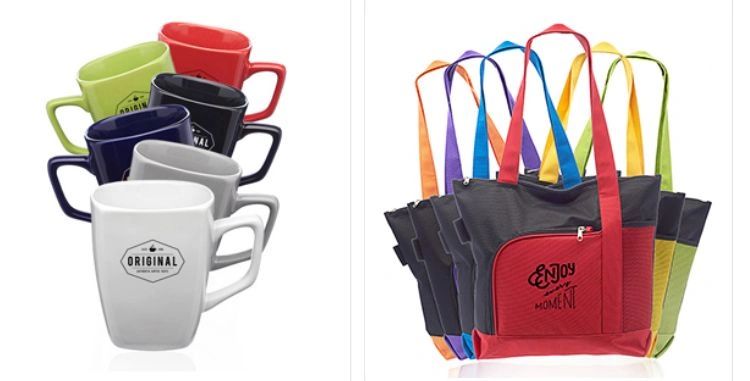 promotional reusable bags and mugs, imprinted with corporate logos