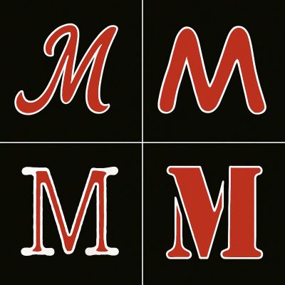 Four red letter M designs on black backgrounds.