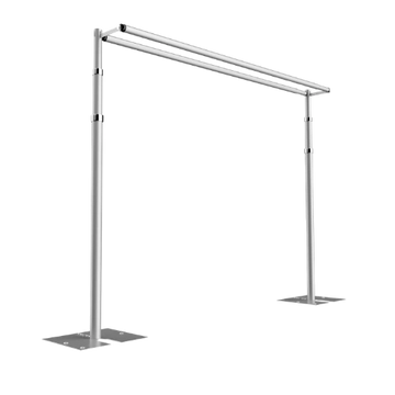 Pipe and drape backdrop stand as event rental with double cross bar and adjustable frame.
