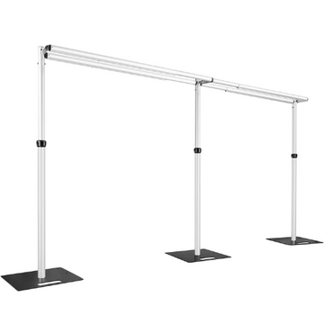 Pipe and drape backdrop stand, extended length, with double cross bar and adjustable frame.